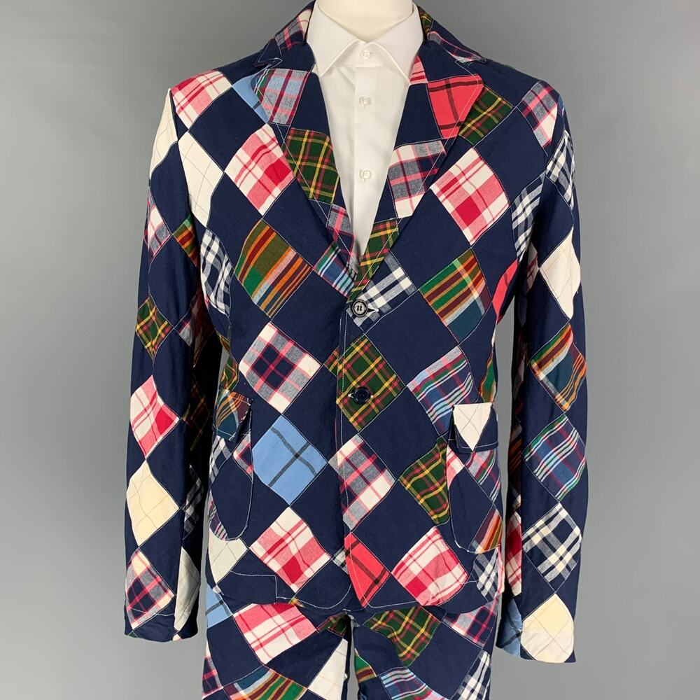 BAND OF OUTSIDERS Size 42 Navy Muliti-Color Patchwork Cotton Notch Lapel Suit